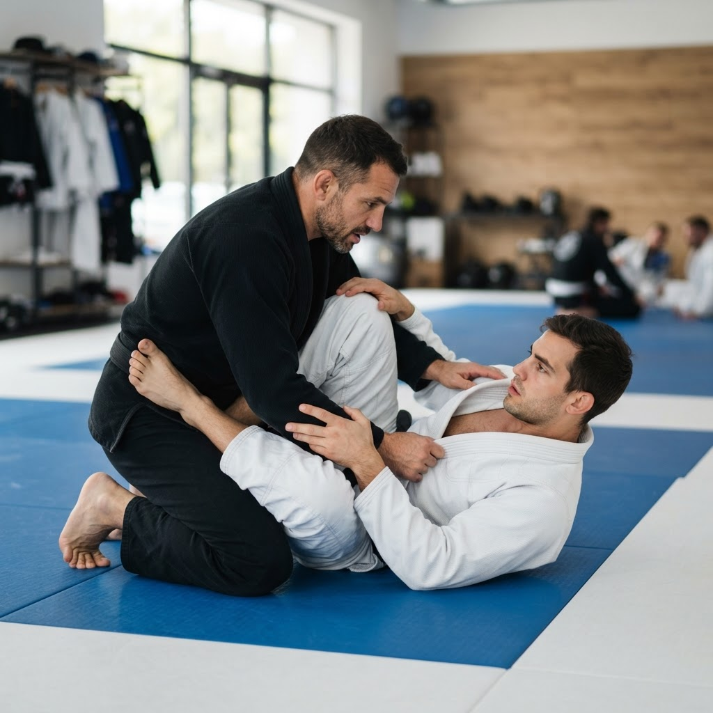 Coach guiding an adult student through a one-on-one Brazilian Jiu-Jitsu private lesson