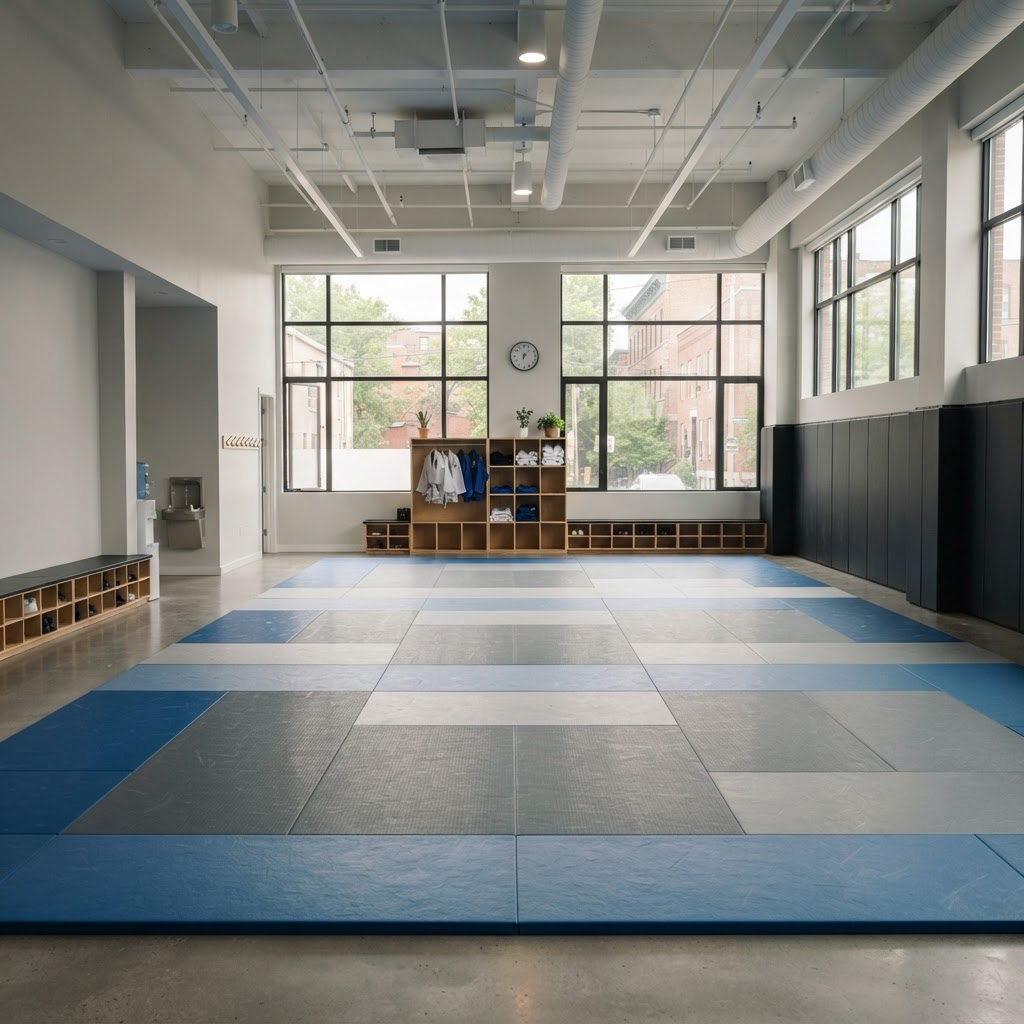 Rows of clean training mats ready for class at Gulf Shores BJJ